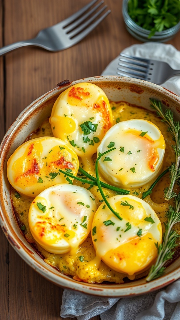 Baked cottage cheese eggs with melted cheese and herbs in a rustic dish on a wooden table.